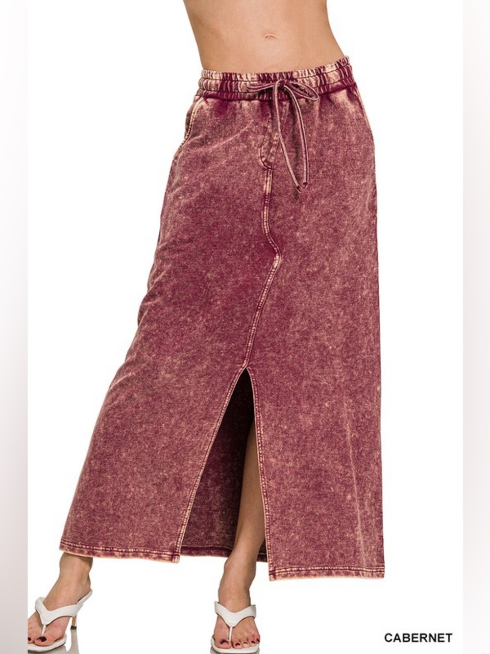 NWT Zenana French Terry Acid Washed
Front Slit Long Skirt Cabernet Red